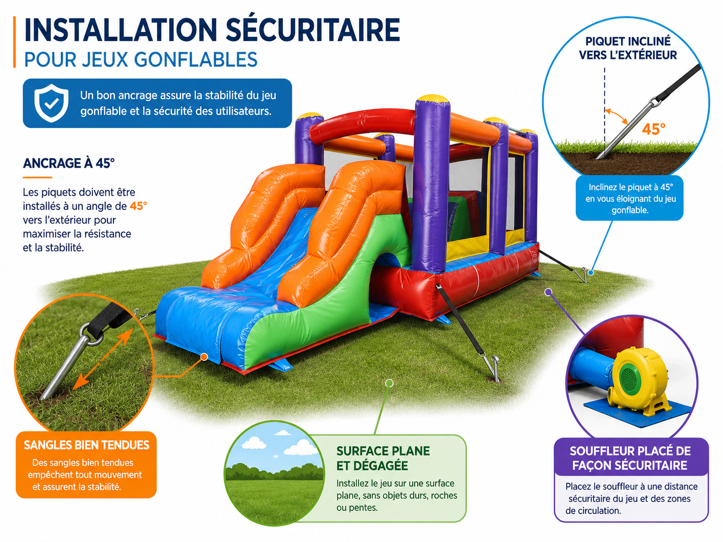 Installation sécuritaire d’un jeu gonflable : comment réussir l’ancrage à 45°